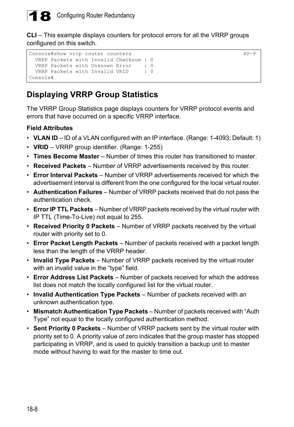 Displaying vrrp group statistics | LevelOne GTL-2690 User Manual | Page 315 / 789