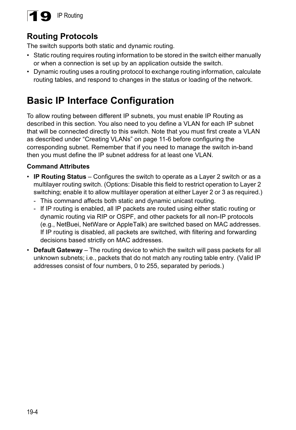 Routing protocols, Basic ip interface configuration, Age 19-4) | Age 19-4 | LevelOne GTL-2690 User Manual | Page 321 / 789