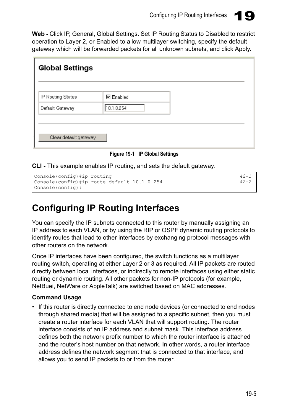 Configuring ip routing interfaces, Figure 19-1, Ip global settings | Age 19-5), Ge 19-5) | LevelOne GTL-2690 User Manual | Page 322 / 789