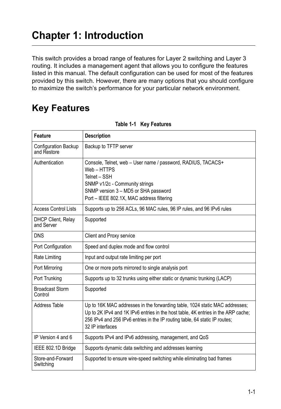 Chapter 1: introduction, Key features, Chapter 1: introduction 1-1 | Table 1-1 key, Features, Introduction | LevelOne GTL-2690 User Manual | Page 35 / 789