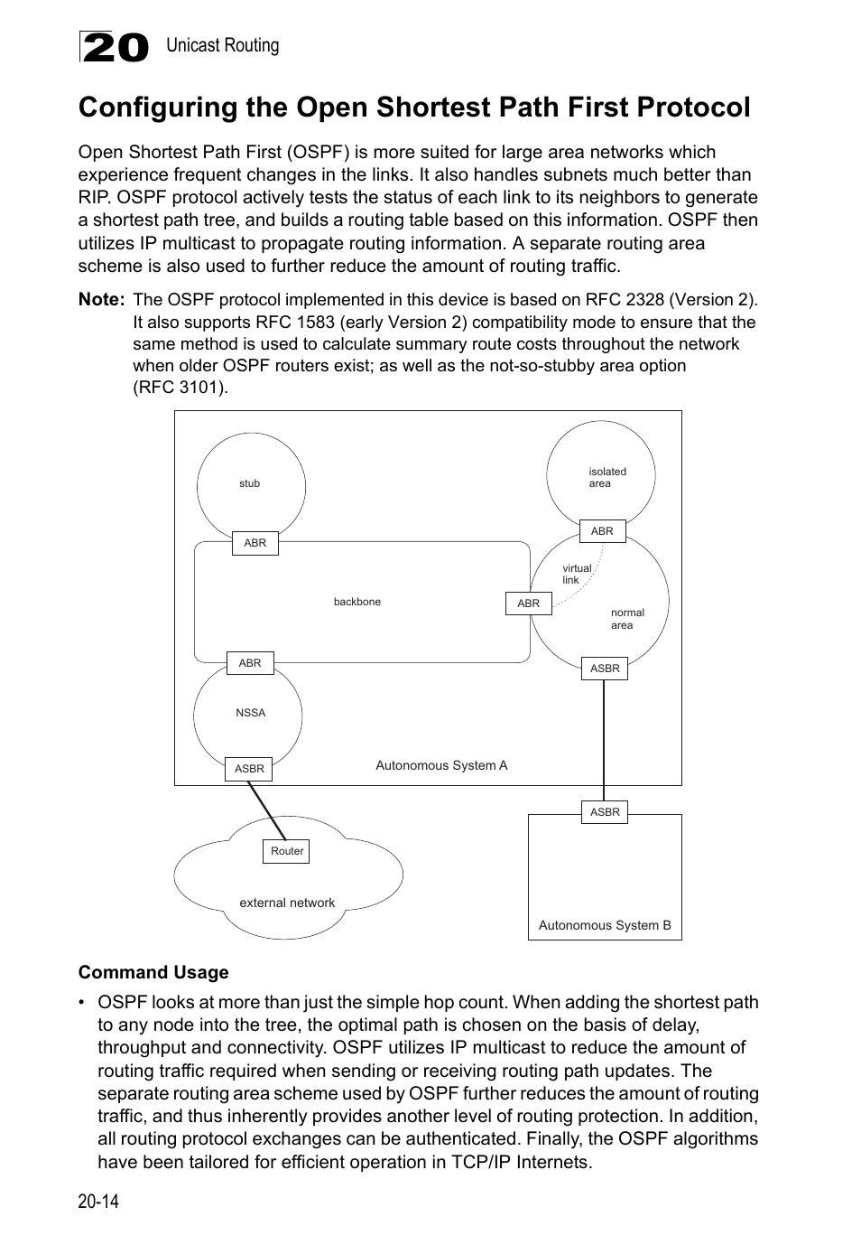 Configuring the open shortest path first protocol, E 20-14, Respe | Unicast routing 20-14 | LevelOne GTL-2690 User Manual | Page 355 / 789