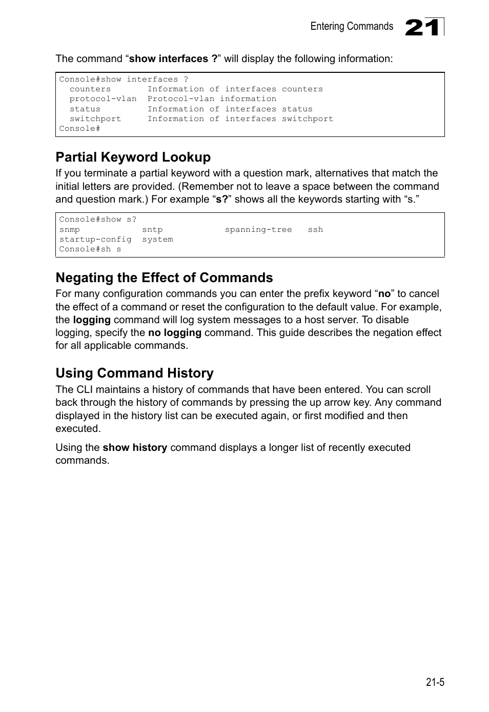 Partial keyword lookup, Negating the effect of commands, Using command history | LevelOne GTL-2690 User Manual | Page 390 / 789