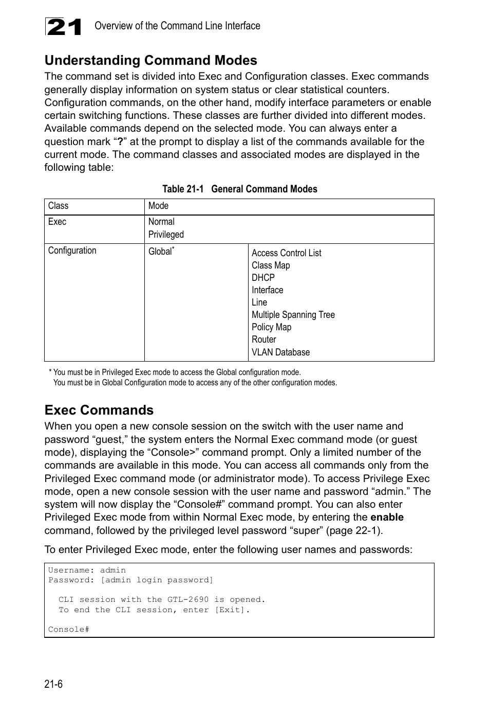 Understanding command modes, Exec commands, Table 21-1 general | Command, Modes | LevelOne GTL-2690 User Manual | Page 391 / 789