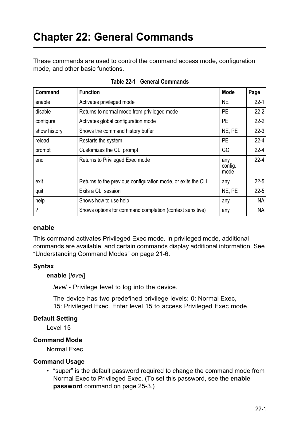 Chapter 22: general commands, Enable, Enable 22-1 | Table 22-1 general, Commands, General commands | LevelOne GTL-2690 User Manual | Page 398 / 789