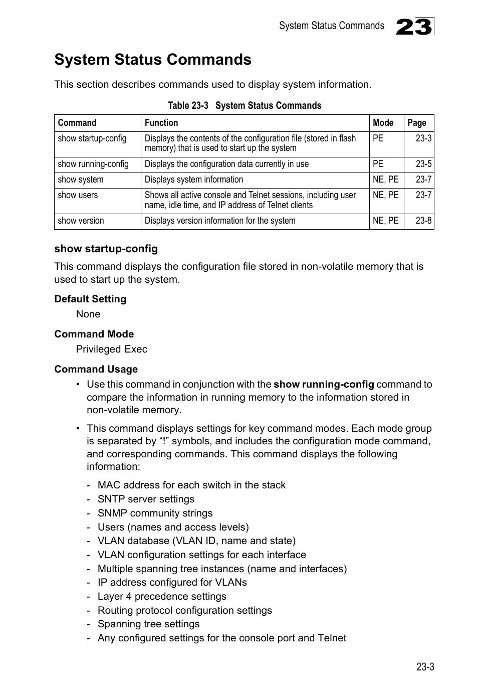 System status commands, Show startup-config, Table 23-3 | LevelOne GTL-2690 User Manual | Page 406 / 789