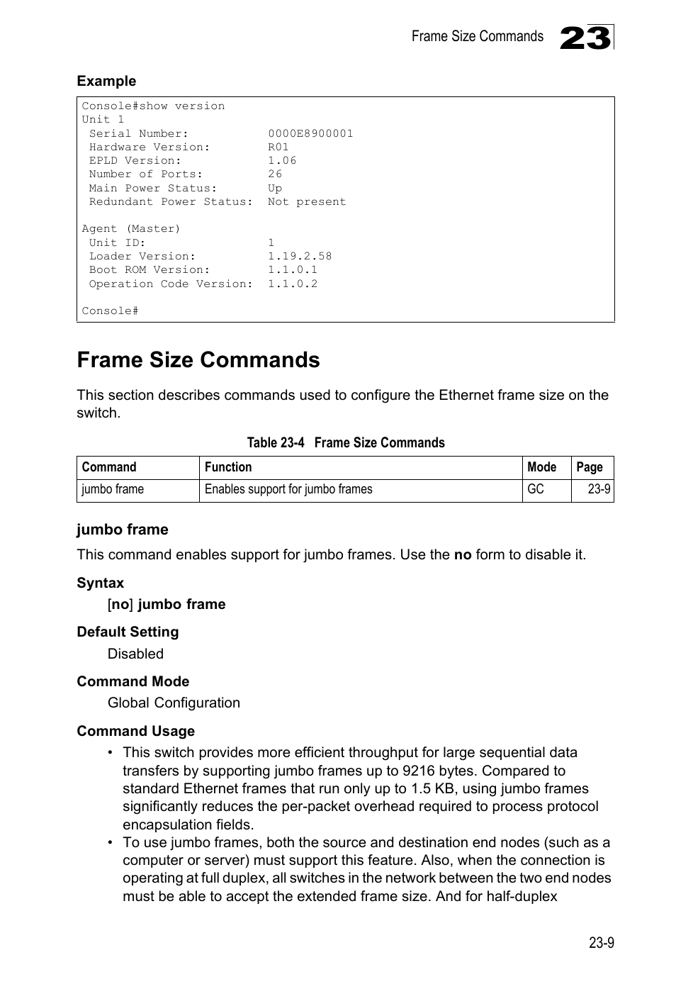 Frame size commands, Jumbo frame, Table 23-4 | LevelOne GTL-2690 User Manual | Page 412 / 789