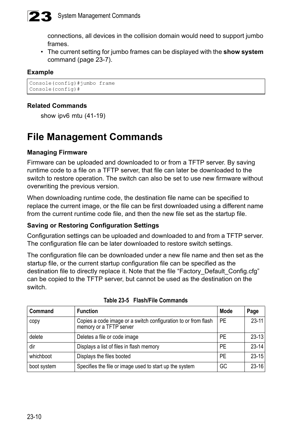 File management commands, Table 23-5 flash/file, Commands | LevelOne GTL-2690 User Manual | Page 413 / 789