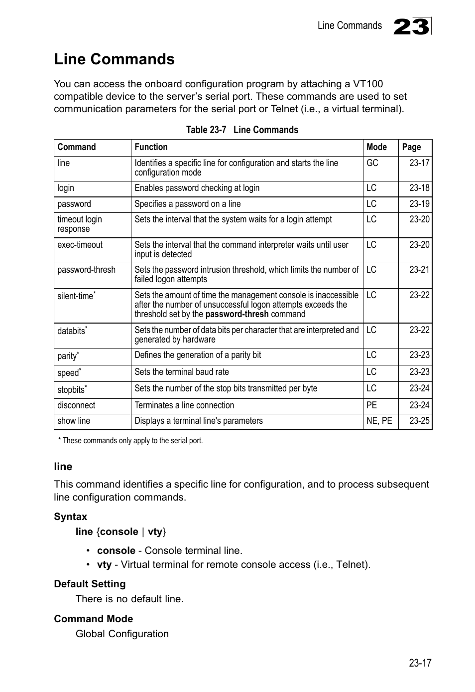 Line commands, Line, Line 23-17 | Table 23-7 line, Commands | LevelOne GTL-2690 User Manual | Page 420 / 789