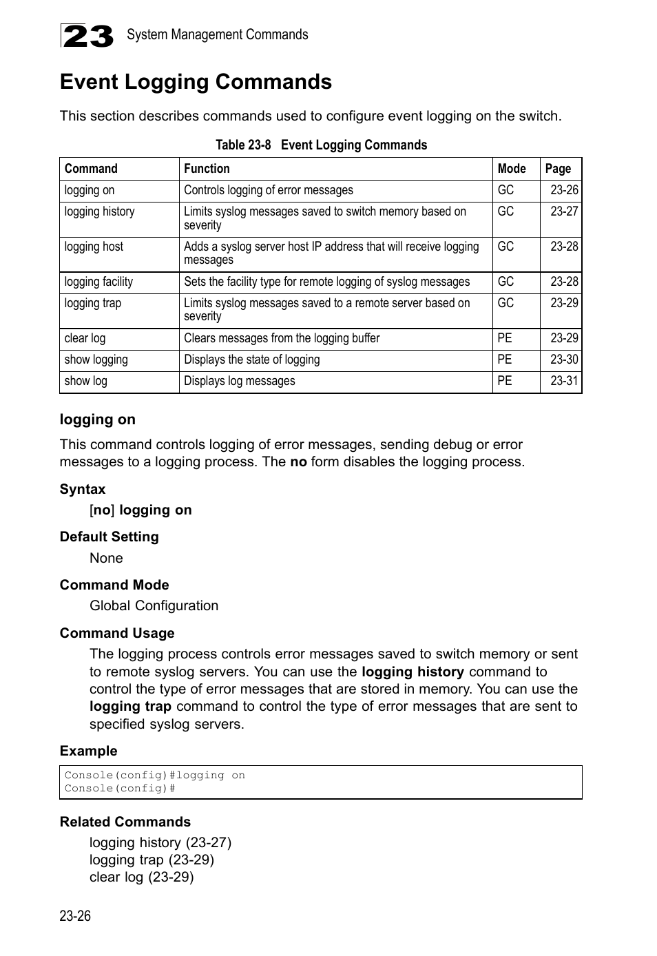 Event logging commands, Logging on, Table 23-8 event | Logging, Commands | LevelOne GTL-2690 User Manual | Page 429 / 789