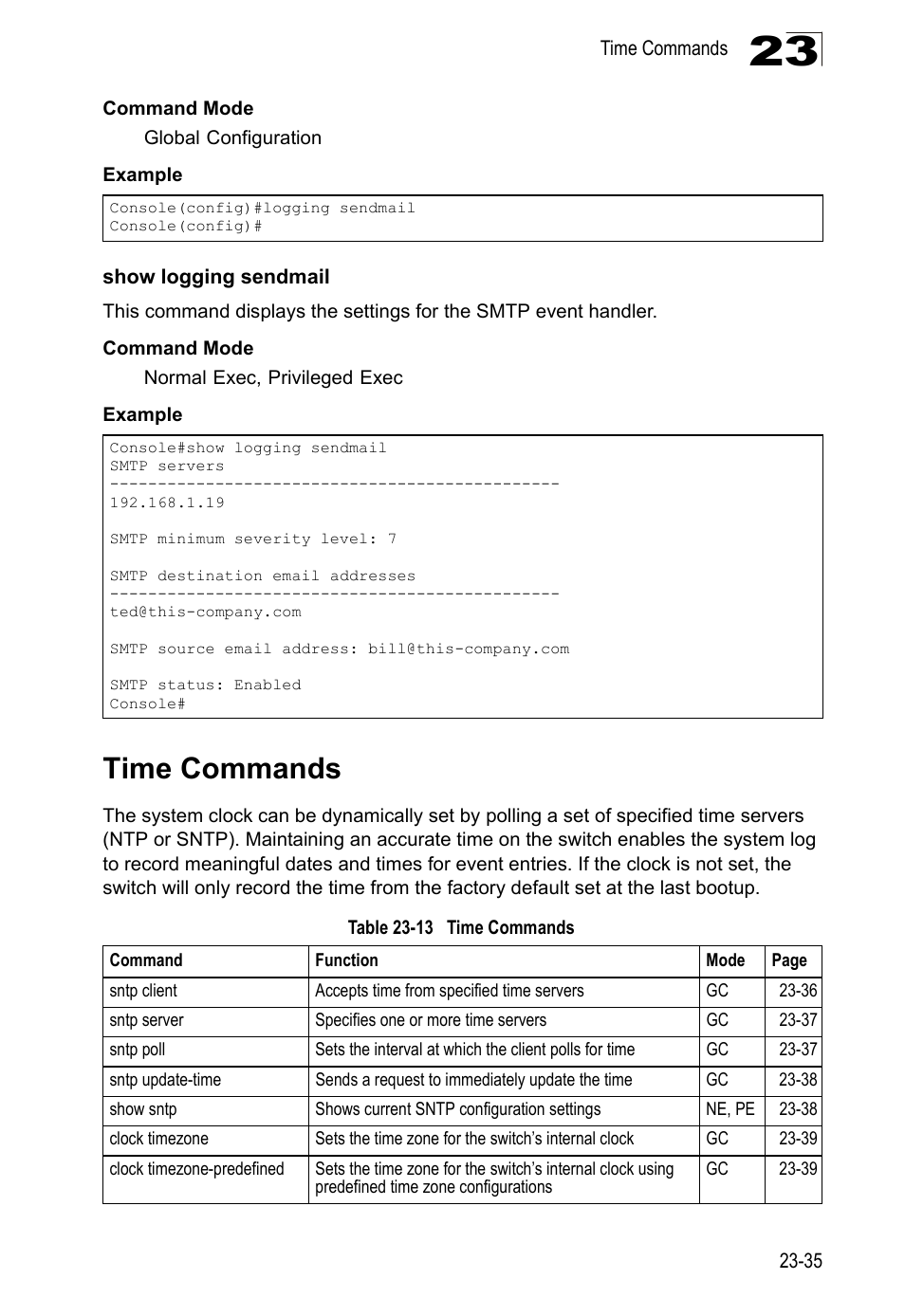 Show logging sendmail, Time commands, Table 23-13 time | Commands | LevelOne GTL-2690 User Manual | Page 438 / 789