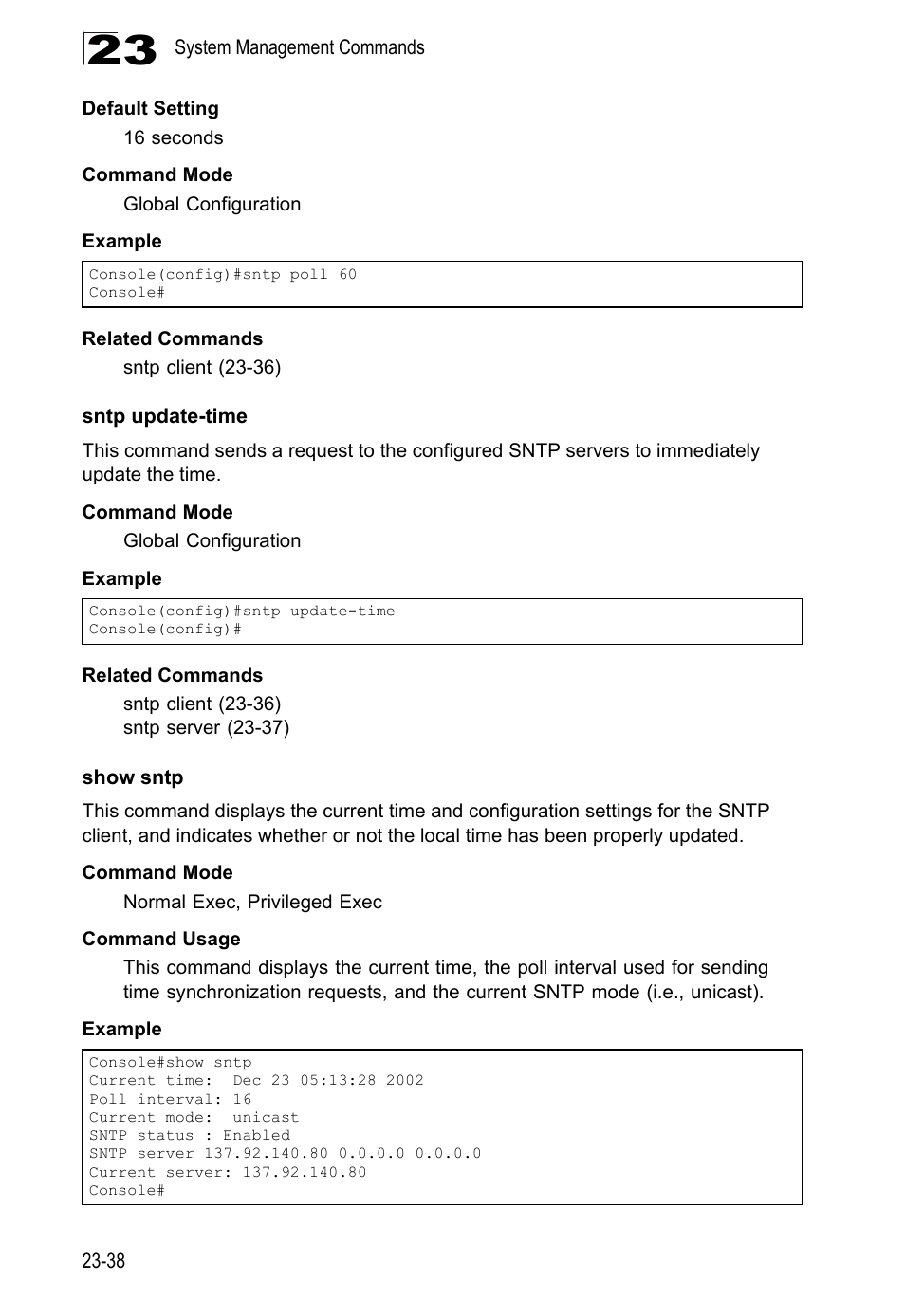 Sntp update-time, Show sntp, Show sntp (23-38) | LevelOne GTL-2690 User Manual | Page 441 / 789