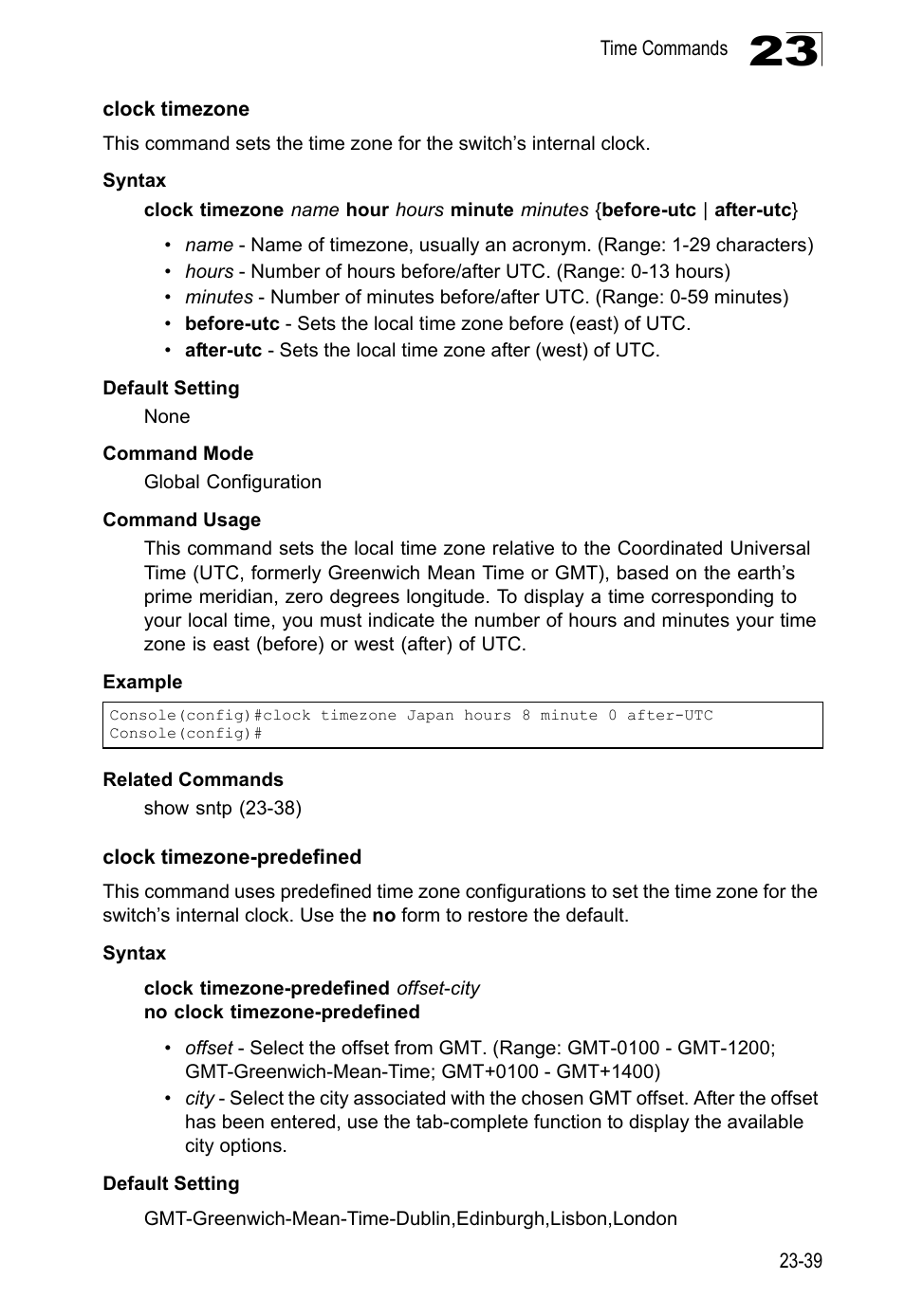 Clock timezone, Clock timezone-predefined, Clock timezone-predefined 23-39 | LevelOne GTL-2690 User Manual | Page 442 / 789