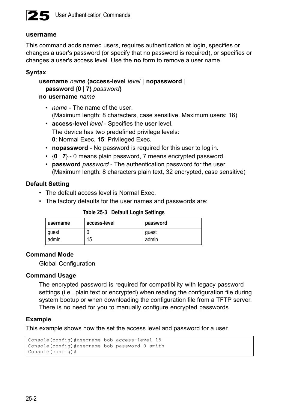 Username, Username 25-2, Table 25-3 | Default login settings, Username (25-2) | LevelOne GTL-2690 User Manual | Page 465 / 789