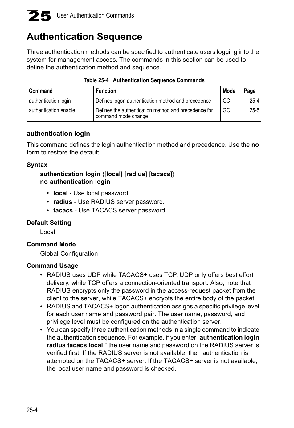 Authentication sequence, Authentication login, Table 25-4 authentication | Sequence, Commands | LevelOne GTL-2690 User Manual | Page 467 / 789