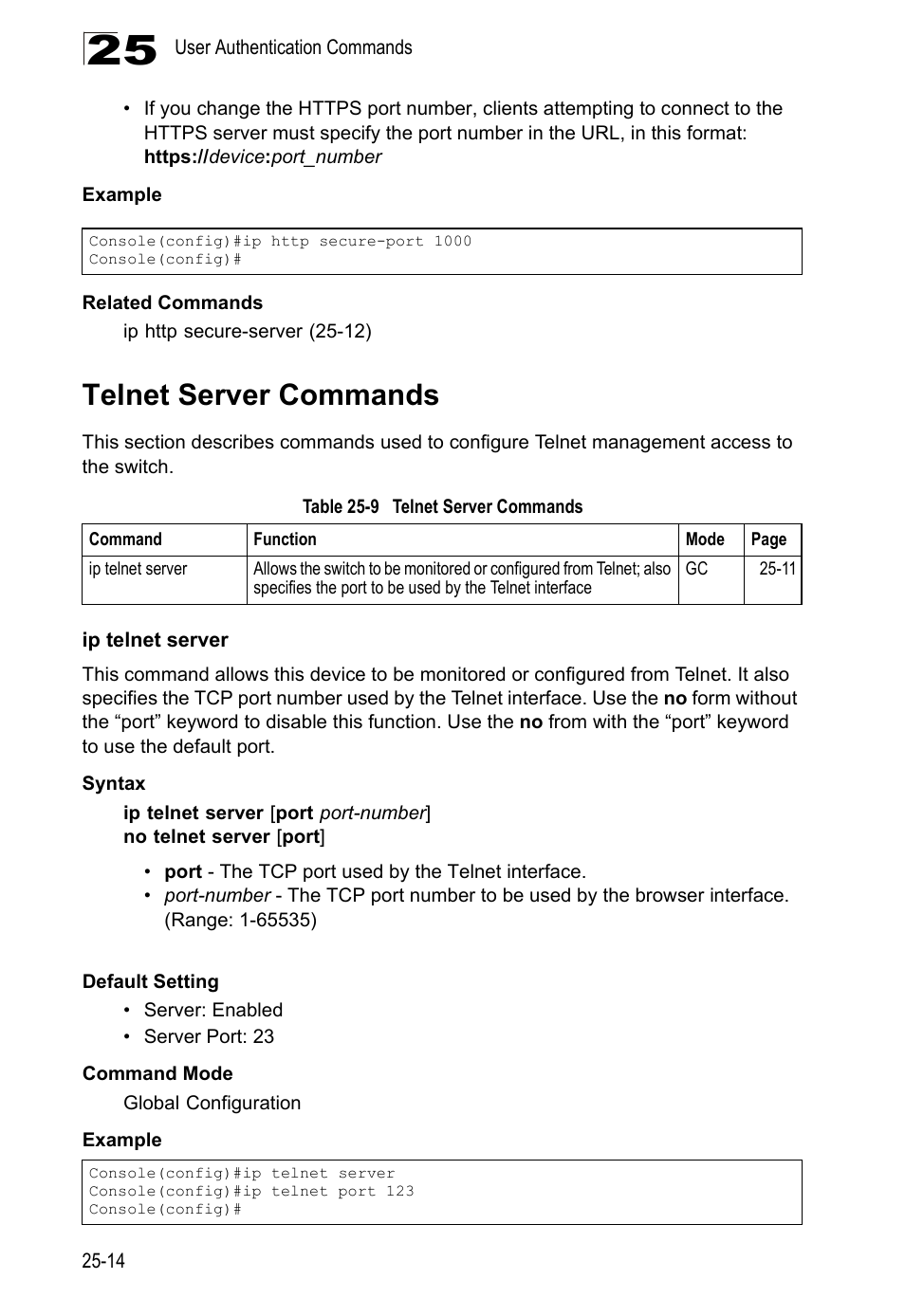 Telnet server commands, Ip telnet server, Table 25-9 telnet | Server, Commands | LevelOne GTL-2690 User Manual | Page 477 / 789