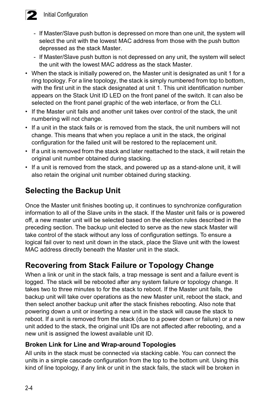 Selecting the backup unit, Recovering from stack failure or topology change, Broken link for line and wrap-around topologies | LevelOne GTL-2690 User Manual | Page 48 / 789