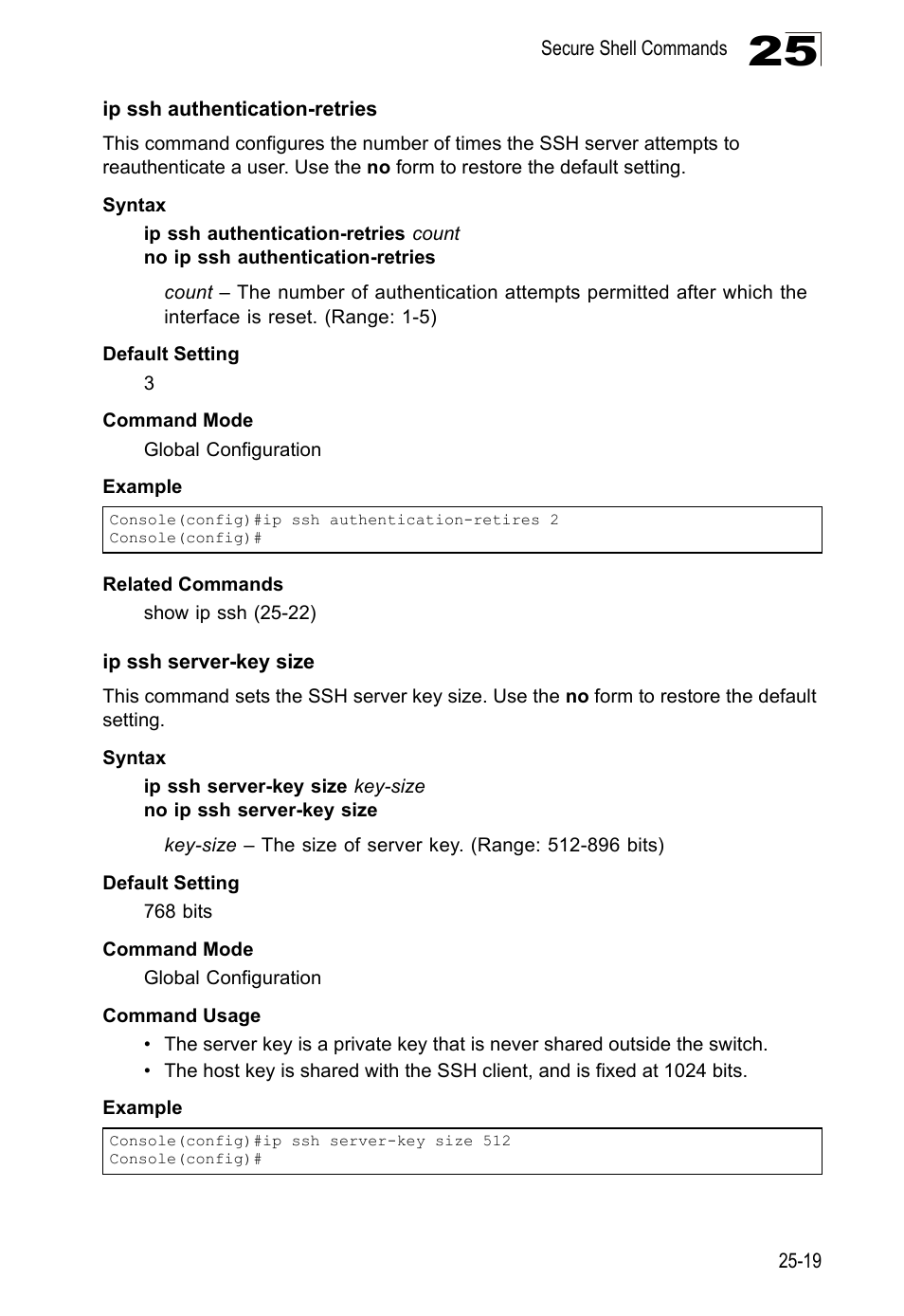 Ip ssh authentication-retries, Ip ssh server-key size | LevelOne GTL-2690 User Manual | Page 482 / 789