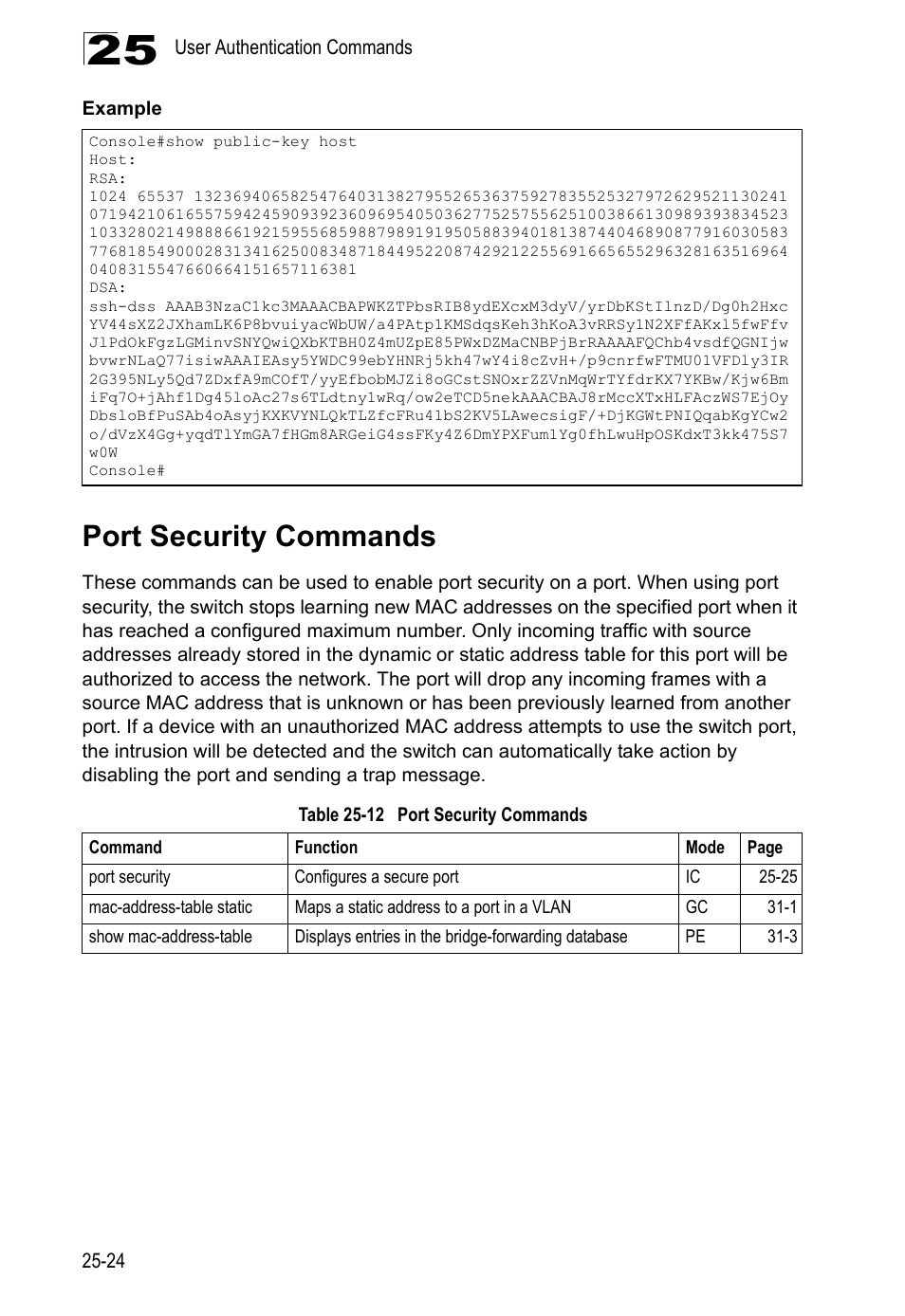Port security commands, Table 25-12 port, Security | Commands | LevelOne GTL-2690 User Manual | Page 487 / 789