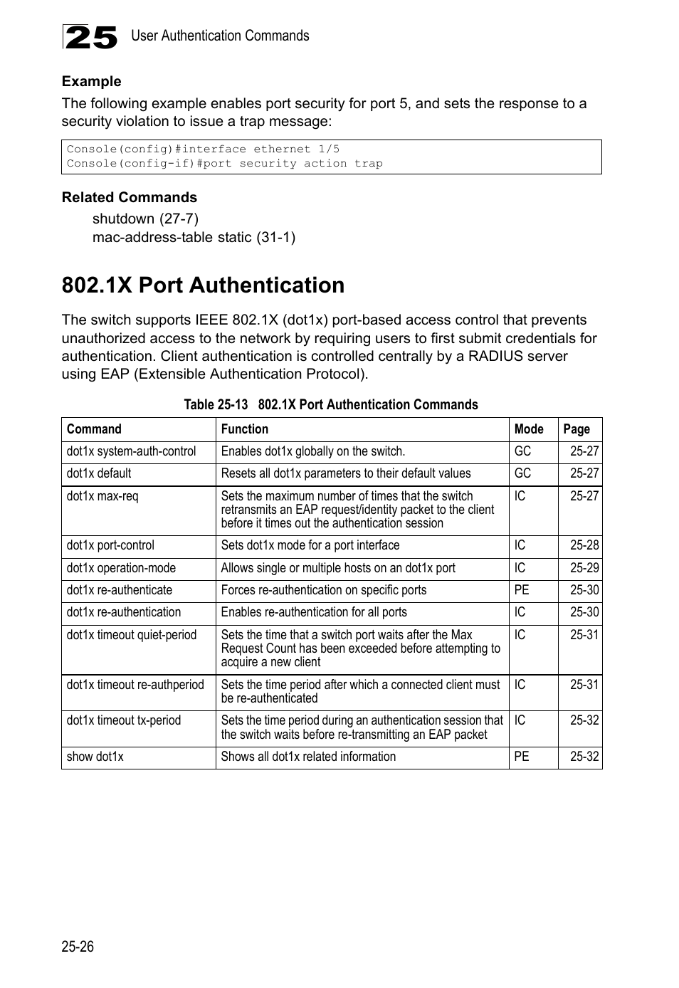 1x port authentication, Table 25-13 802.1x port authentication commands | LevelOne GTL-2690 User Manual | Page 489 / 789