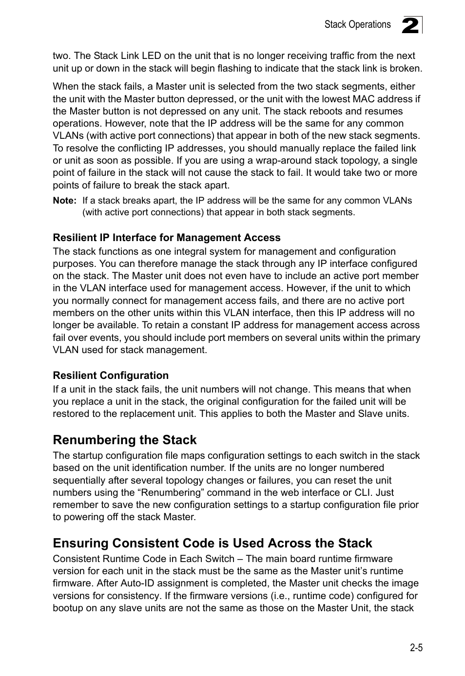 Resilient ip interface for management access, Resilient configuration, Renumbering the stack | Ensuring consistent code is used across the stack | LevelOne GTL-2690 User Manual | Page 49 / 789