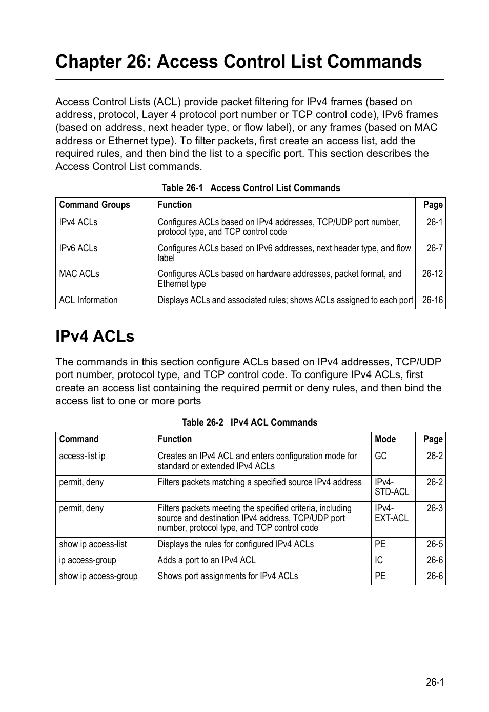 Chapter 26: access control list commands, Ipv4 acls, Table 26-1 | Access control list commands, Table 26-2, Ipv4 acl commands | LevelOne GTL-2690 User Manual | Page 500 / 789