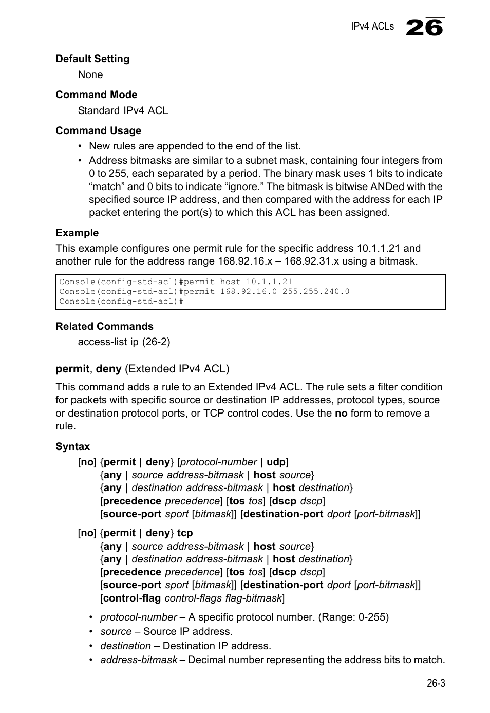 Permit, deny (extended ipv4 acl) | LevelOne GTL-2690 User Manual | Page 502 / 789