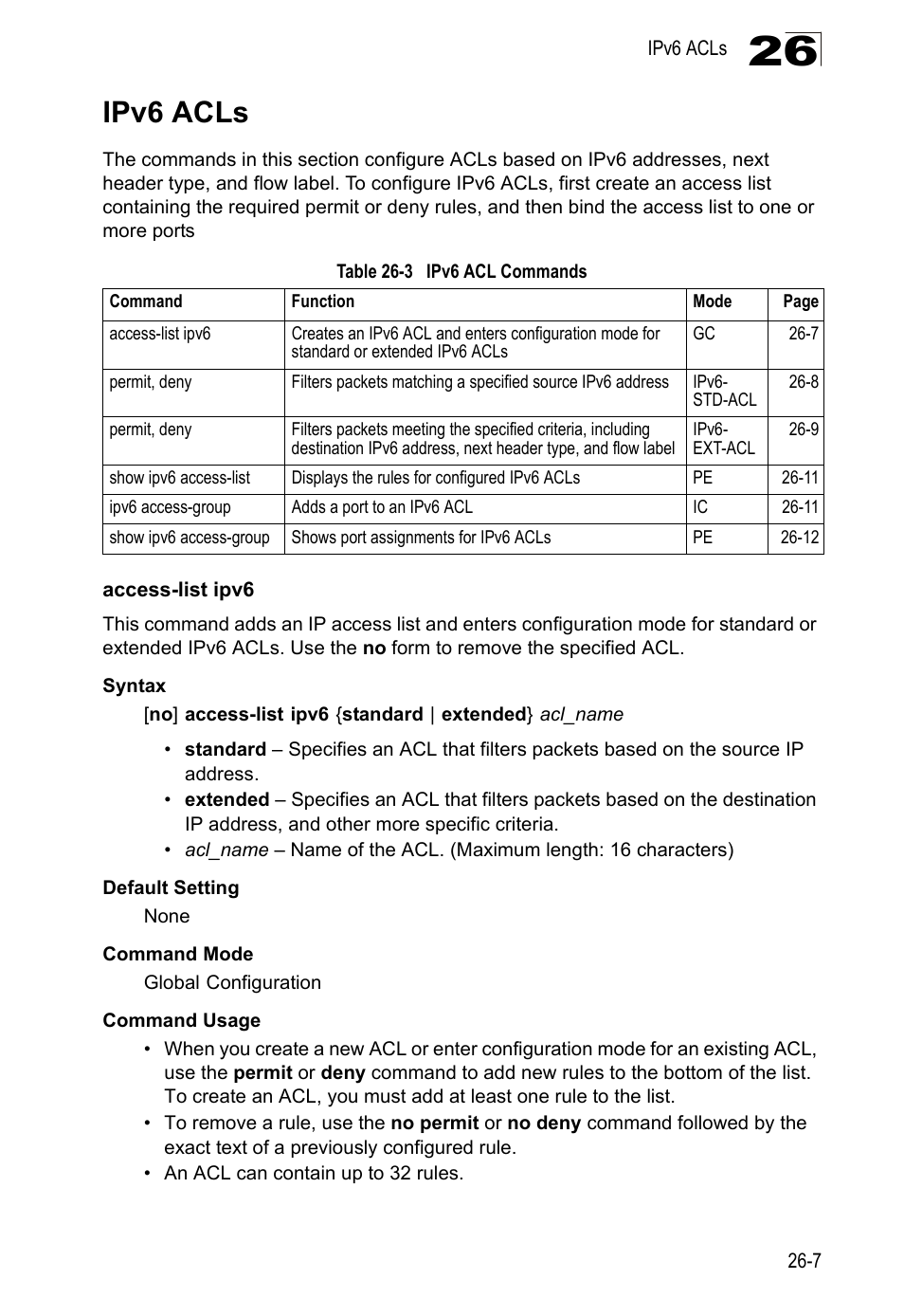 Ipv6 acls, Access-list ipv6, Table 26-3 | Ipv6 acl commands | LevelOne GTL-2690 User Manual | Page 506 / 789