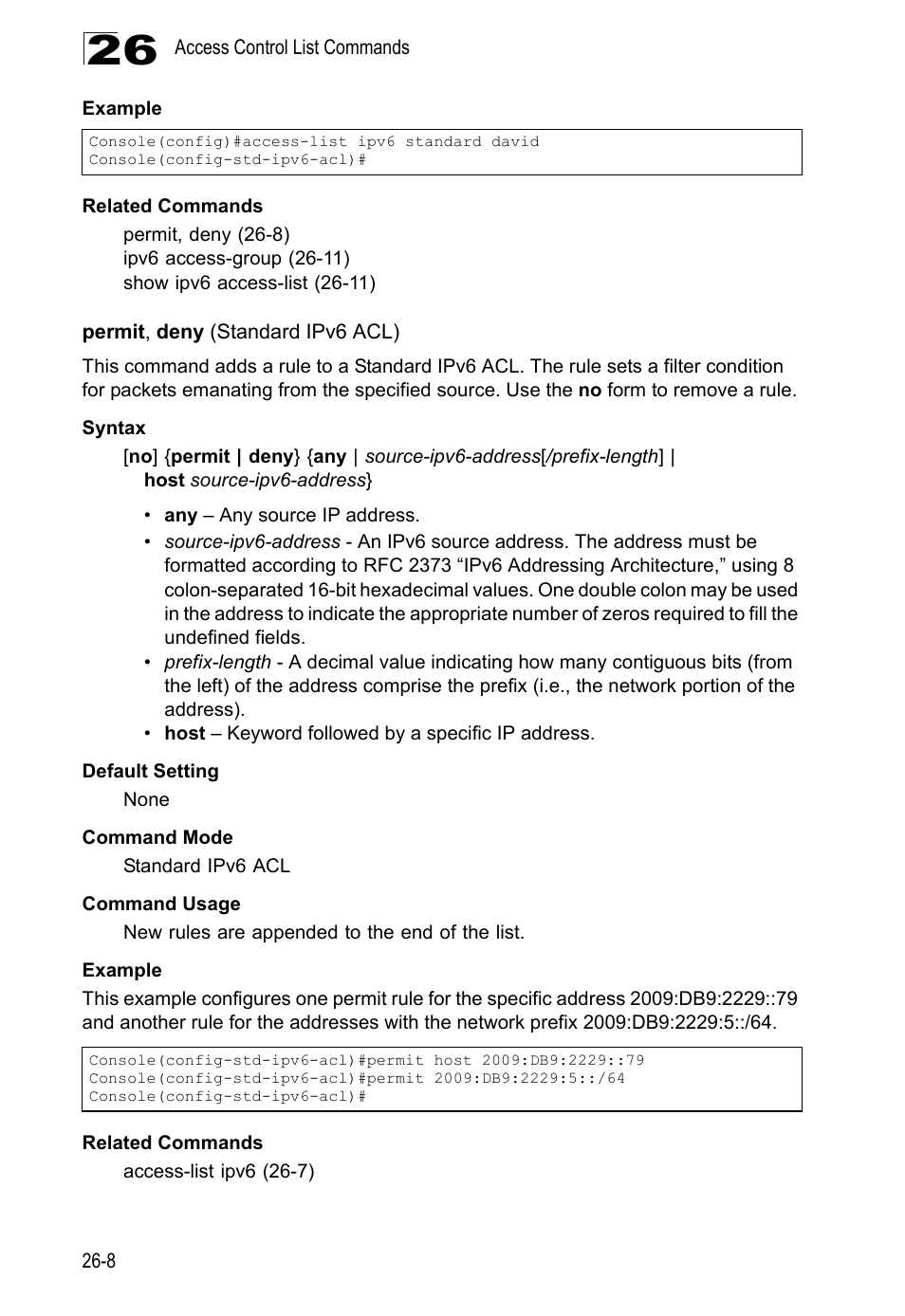 Permit, deny (standard ipv6 acl) | LevelOne GTL-2690 User Manual | Page 507 / 789