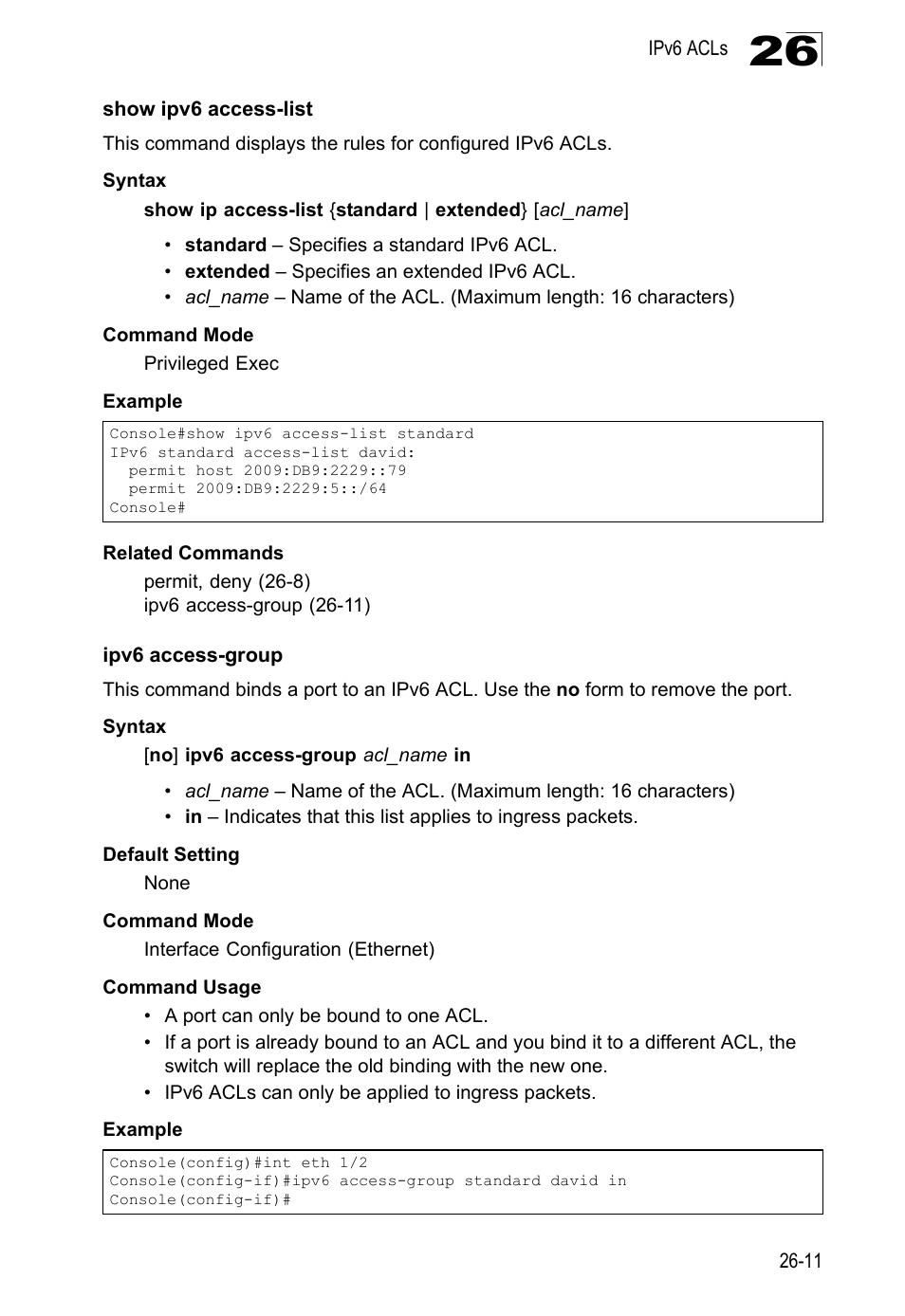 Show ipv6 access-list, Ipv6 access-group | LevelOne GTL-2690 User Manual | Page 510 / 789