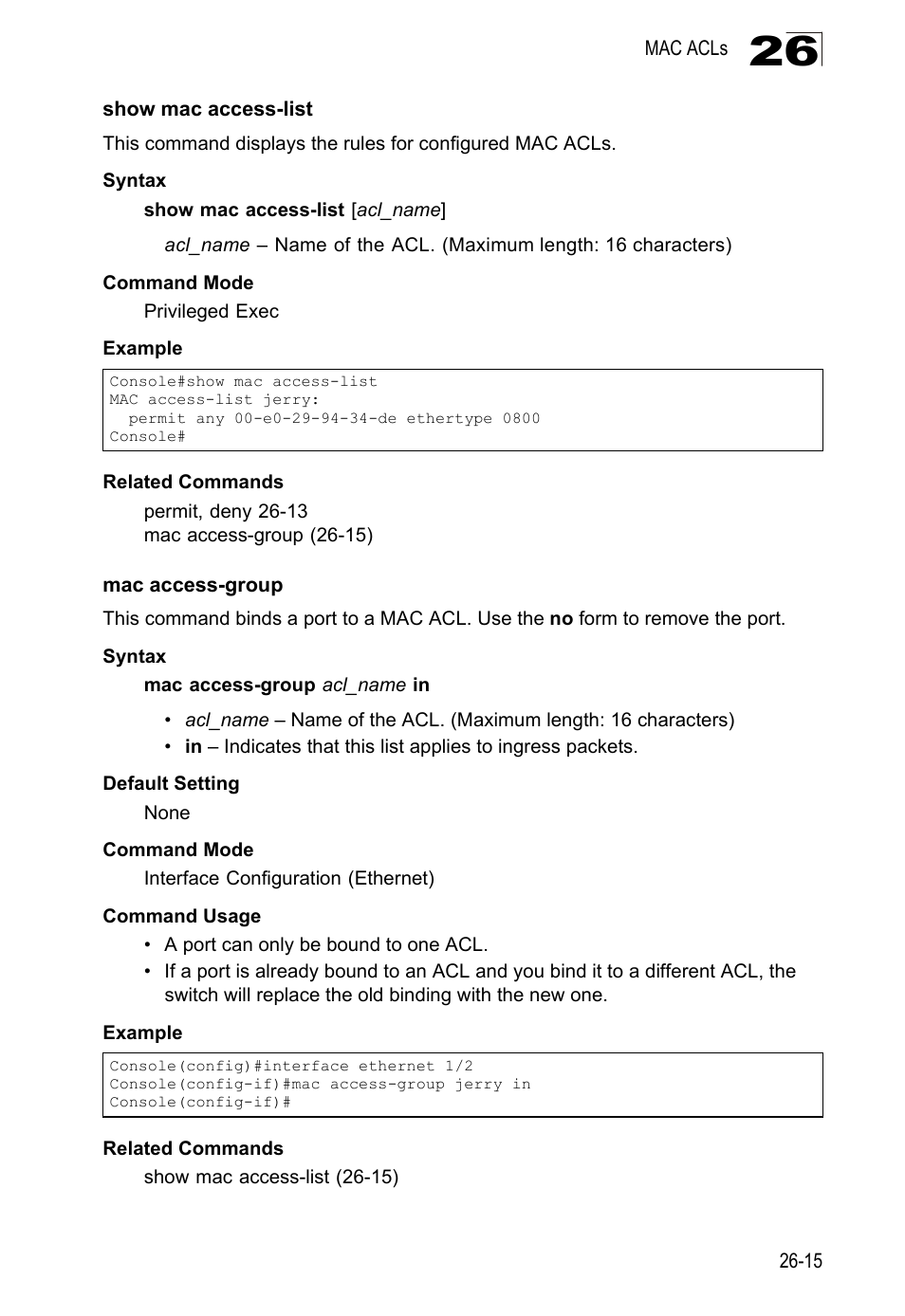 Show mac access-list, Mac access-group | LevelOne GTL-2690 User Manual | Page 514 / 789