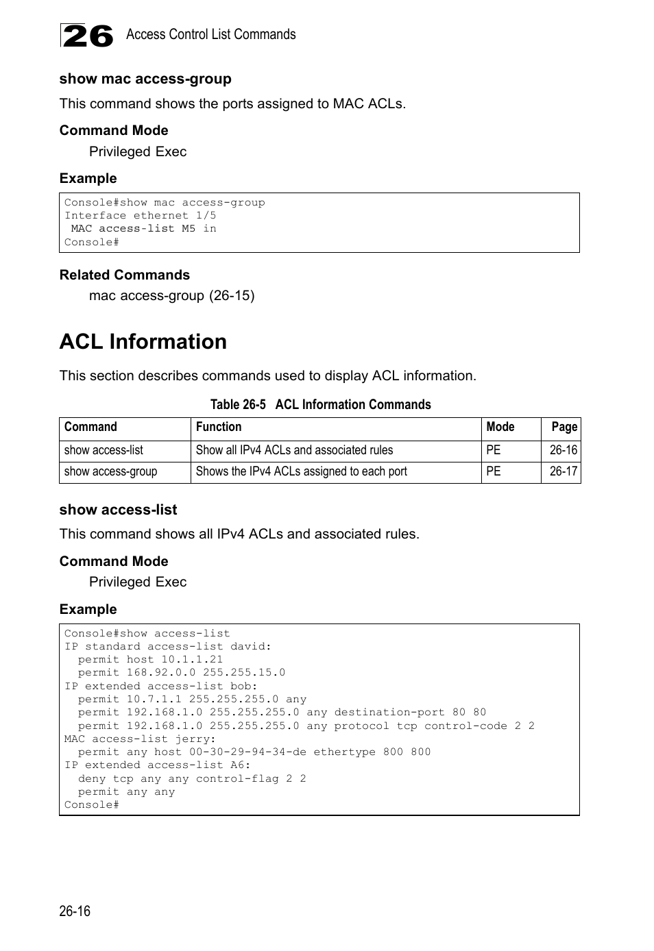 Show mac access-group, Acl information, Show access-list | Table 26-5, Acl information commands | LevelOne GTL-2690 User Manual | Page 515 / 789