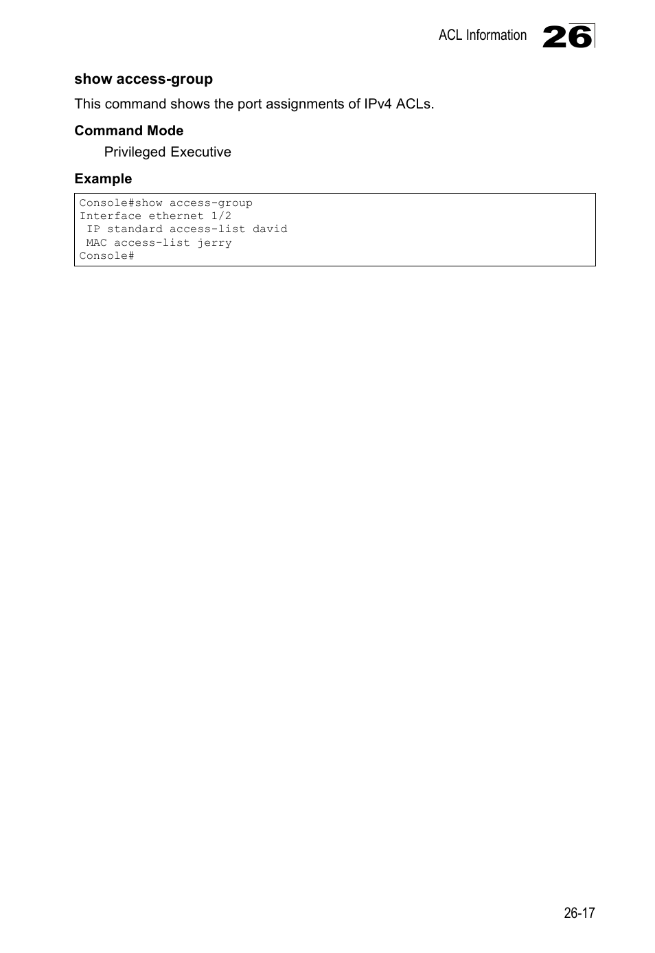Show access-group | LevelOne GTL-2690 User Manual | Page 516 / 789