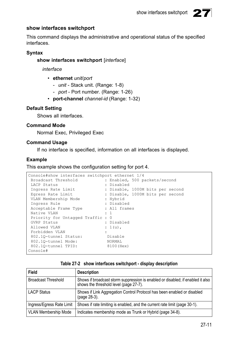 Show interfaces switchport, Table 27-2, Show interfaces switchport - display description | LevelOne GTL-2690 User Manual | Page 528 / 789
