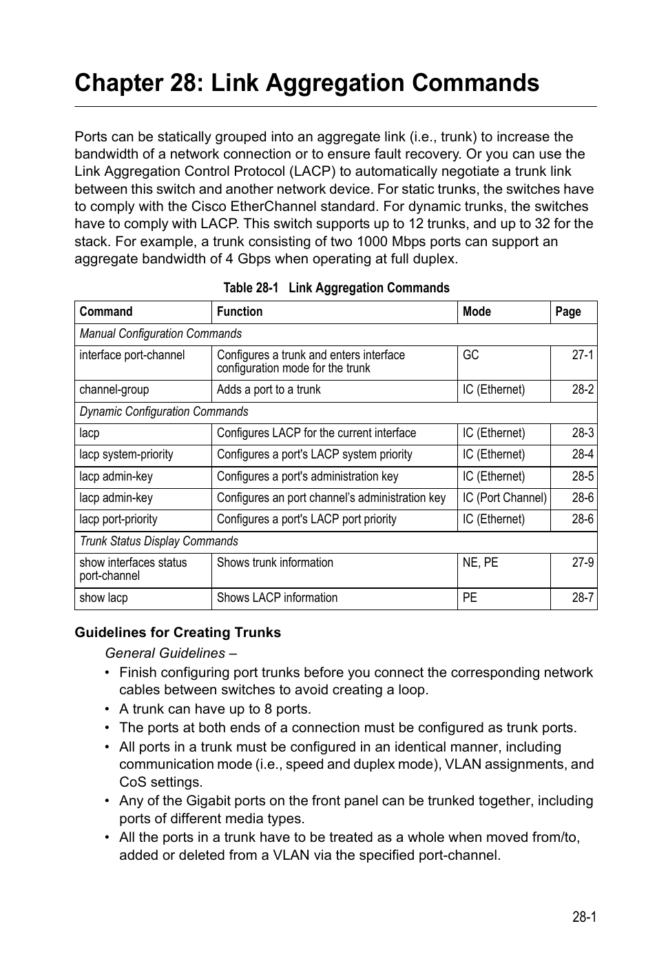Chapter 28: link aggregation commands, Table 28-1, Link aggregation commands | LevelOne GTL-2690 User Manual | Page 530 / 789