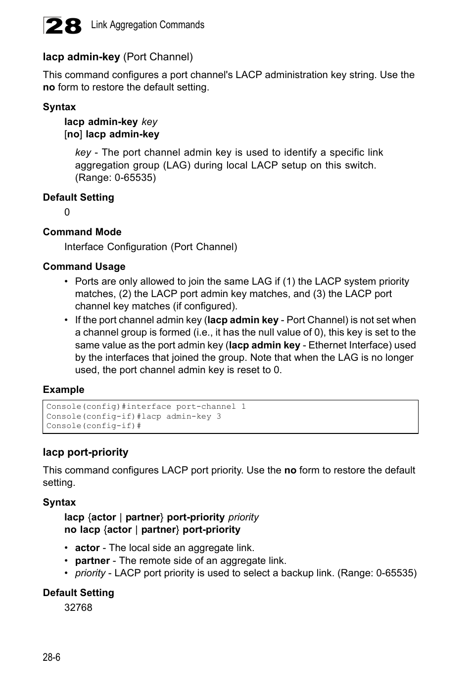 Lacp admin-key (port channel), Lacp port-priority | LevelOne GTL-2690 User Manual | Page 535 / 789