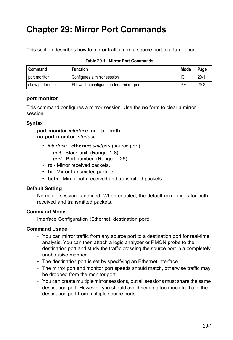 Chapter 29: mirror port commands, Port monitor, Table 29-1 mirror | Port, Commands, Mirror port commands | LevelOne GTL-2690 User Manual | Page 540 / 789