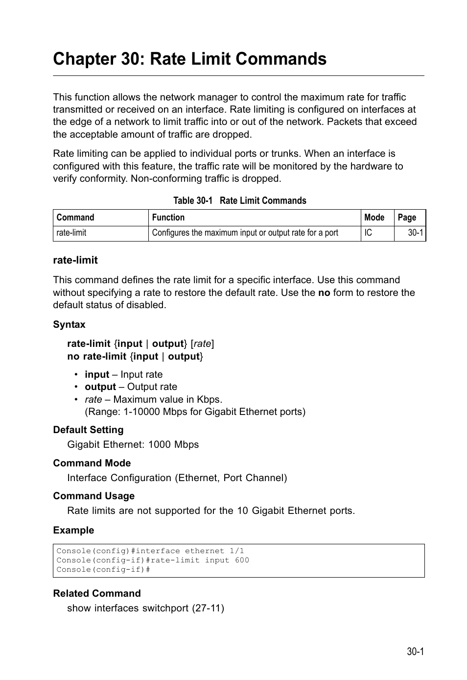 Chapter 30: rate limit commands, Rate-limit, Rate-limit 30-1 | Table 30-1 rate, Limit, Commands, Rate limit commands | LevelOne GTL-2690 User Manual | Page 542 / 789