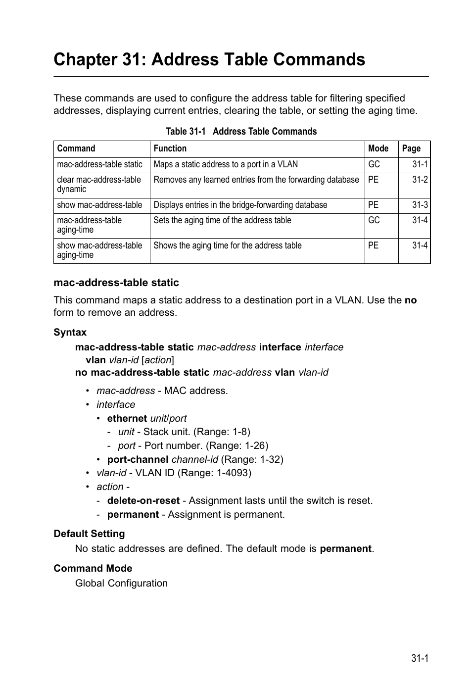 Chapter 31: address table commands, Mac-address-table static, Table 31-1 address | Table, Commands, Address table commands, Mac-address-table static (31-1) | LevelOne GTL-2690 User Manual | Page 544 / 789