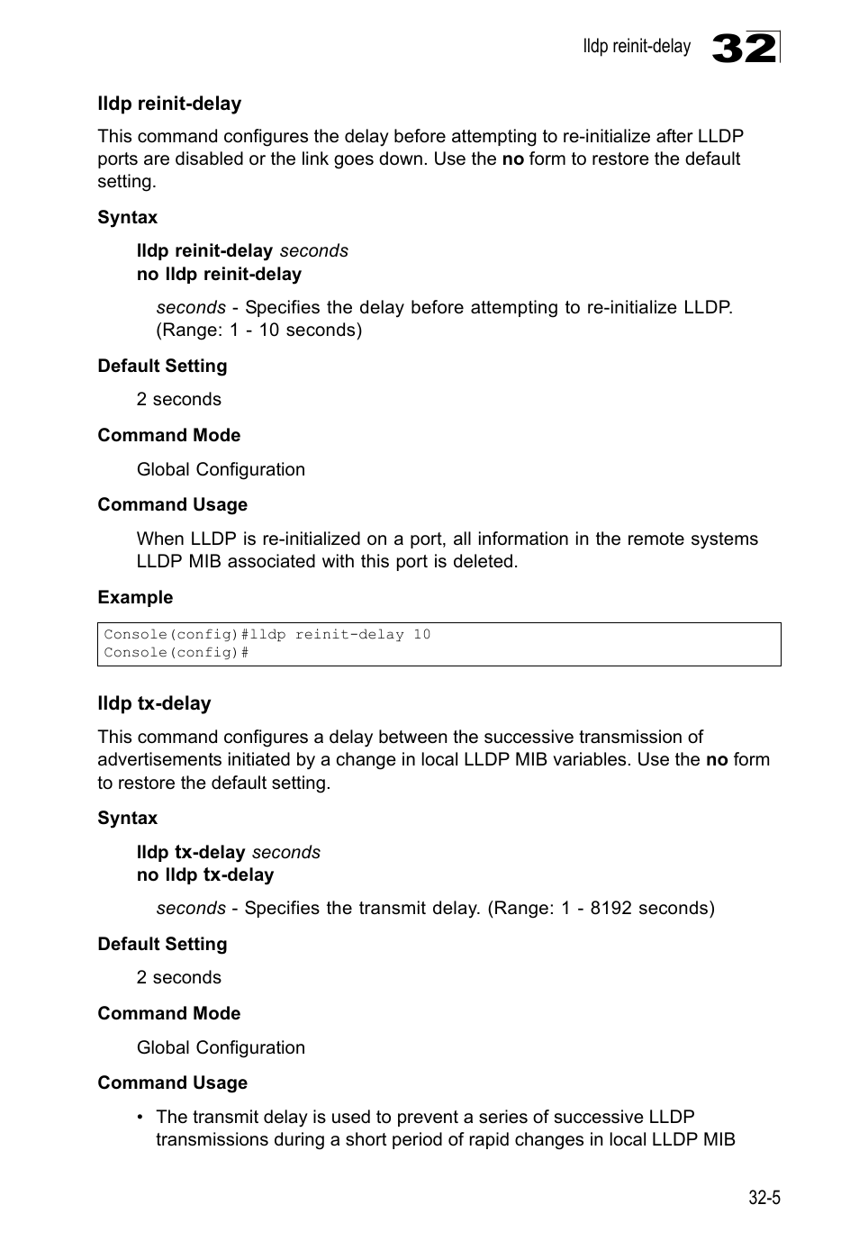 Lldp reinit-delay, Lldp tx-delay | LevelOne GTL-2690 User Manual | Page 552 / 789