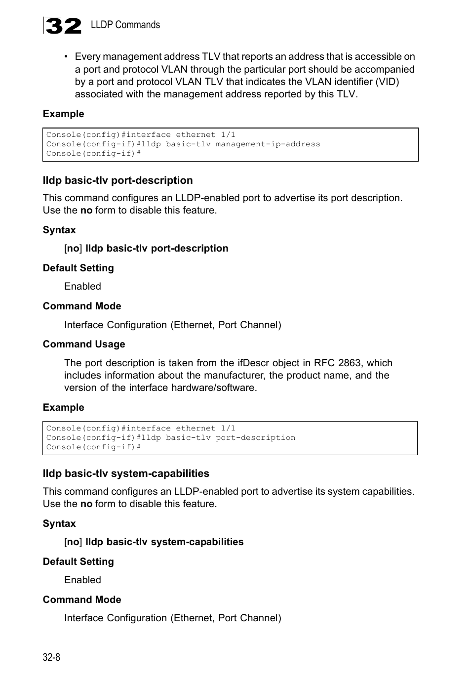Lldp basic-tlv port-description, Lldp basic-tlv system-capabilities, Lldp basic-tlv system-capabilities 32-8 | LevelOne GTL-2690 User Manual | Page 555 / 789