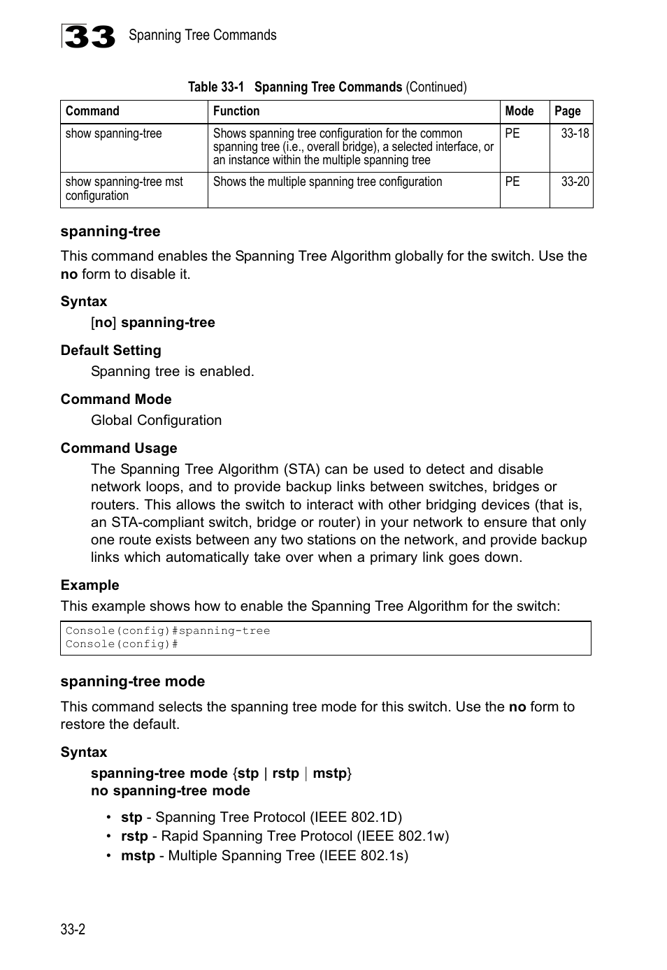 Spanning-tree, Spanning-tree mode, Spanning-tree 33-2 spanning-tree mode | LevelOne GTL-2690 User Manual | Page 567 / 789
