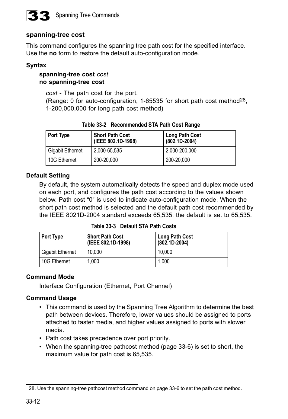 Spanning-tree cost, Table 33-2, Recommended sta path cost range | Table 33-3, Default sta path costs | LevelOne GTL-2690 User Manual | Page 577 / 789