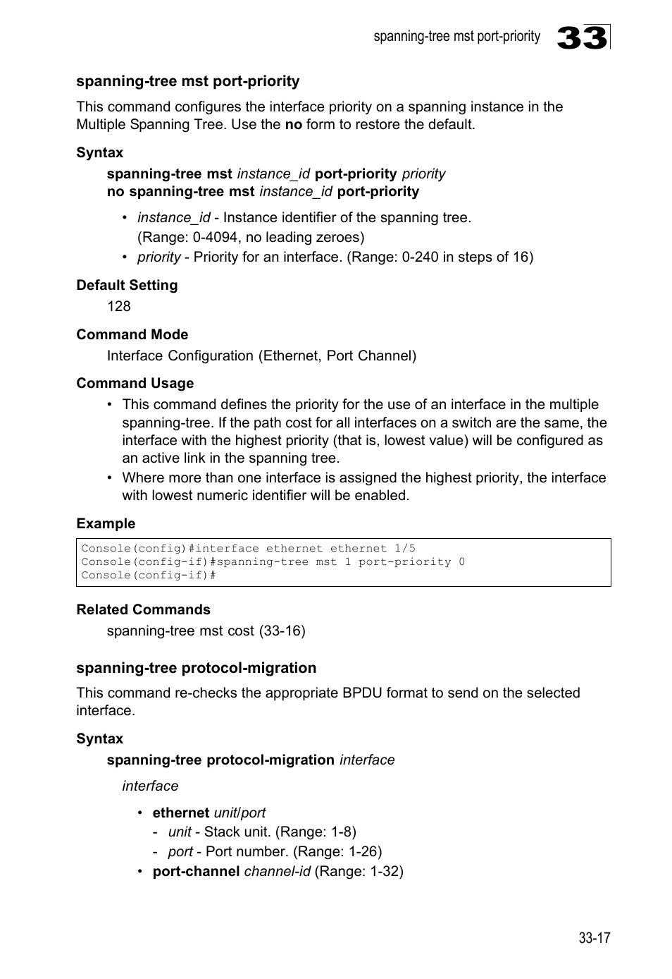 Spanning-tree mst port-priority, Spanning-tree protocol-migration, Spanning-tree mst port-priority (33-17) | LevelOne GTL-2690 User Manual | Page 582 / 789
