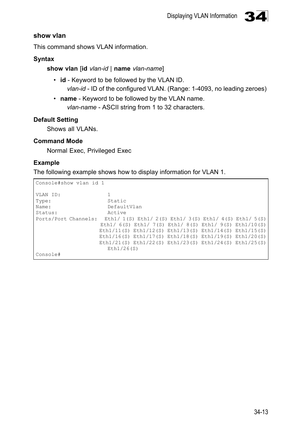 Show vlan, Show vlan (34-13) | LevelOne GTL-2690 User Manual | Page 598 / 789