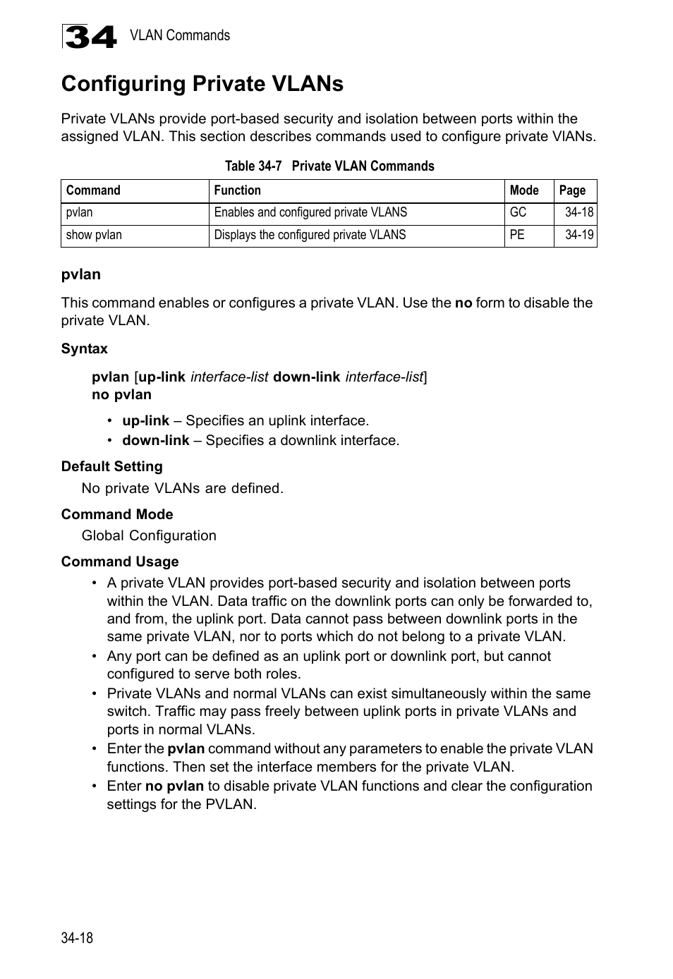 Configuring private vlans, Pvlan, Pvlan 34-18 | Table 34-7 private, Vlan, Commands | LevelOne GTL-2690 User Manual | Page 603 / 789