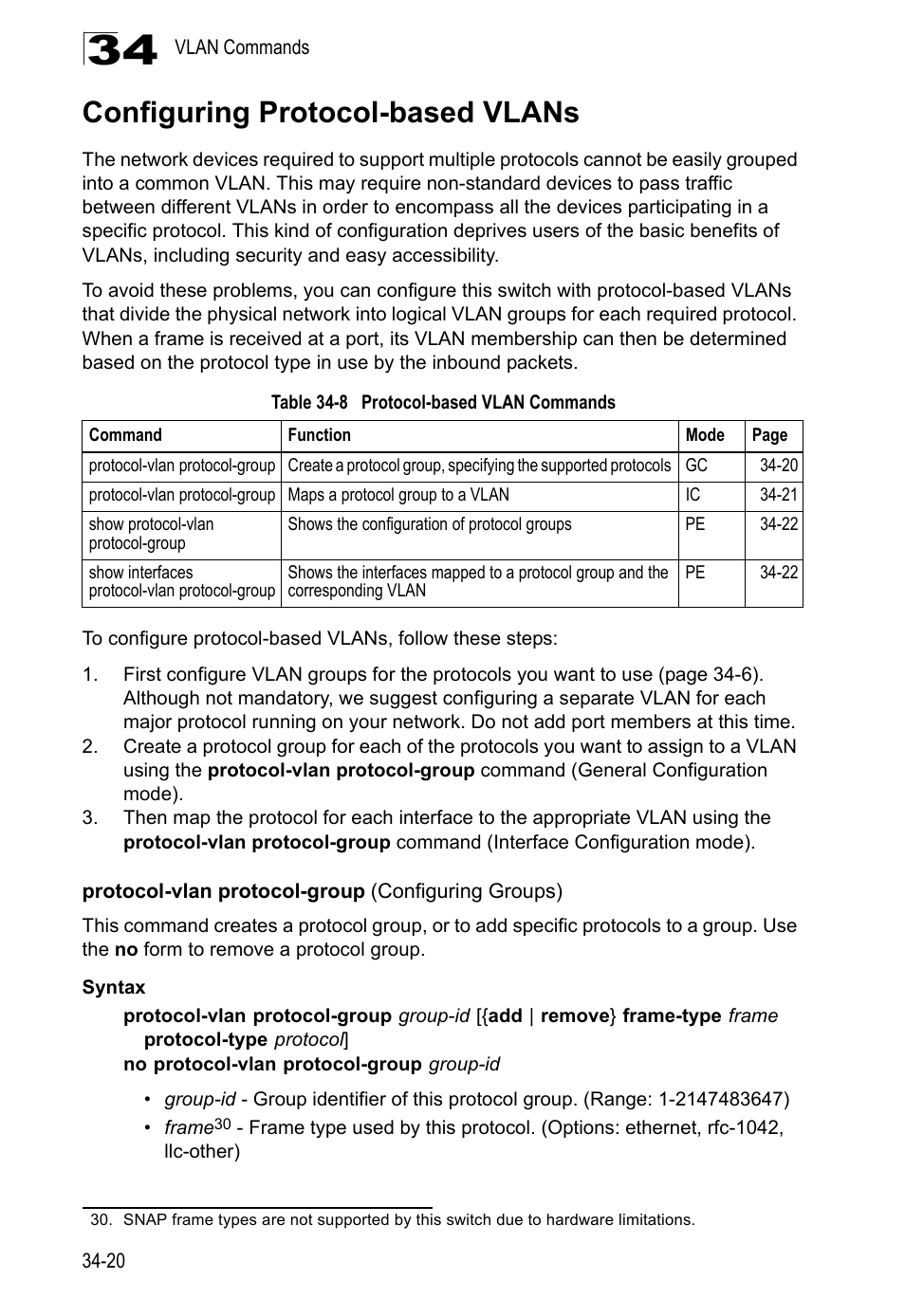 Configuring protocol-based vlans, Protocol-vlan protocol-group (configuring groups), Table 34-8 | Protocol-based vlan commands | LevelOne GTL-2690 User Manual | Page 605 / 789