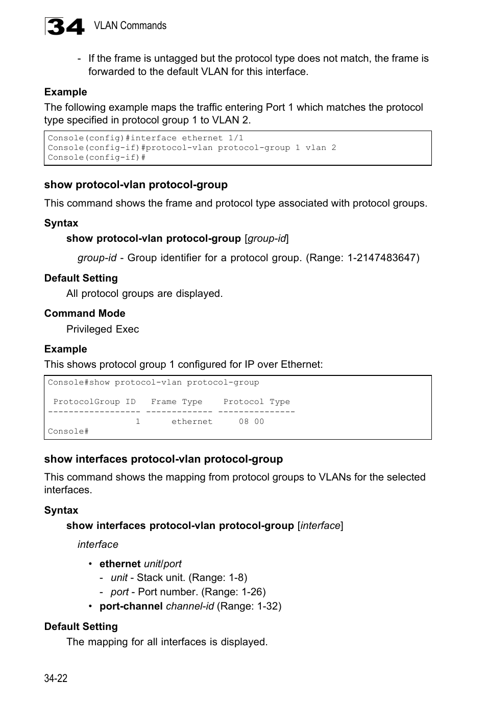 Show protocol-vlan protocol-group, Show interfaces protocol-vlan protocol-group | LevelOne GTL-2690 User Manual | Page 607 / 789