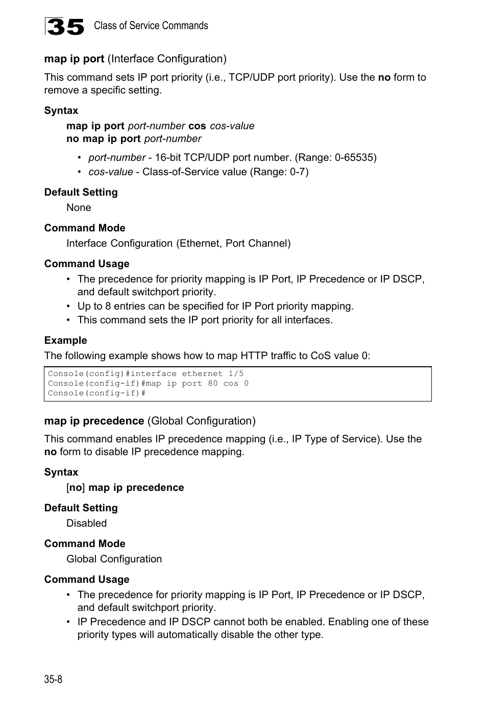 Map ip port (interface configuration), Map ip precedence (global configuration) | LevelOne GTL-2690 User Manual | Page 617 / 789