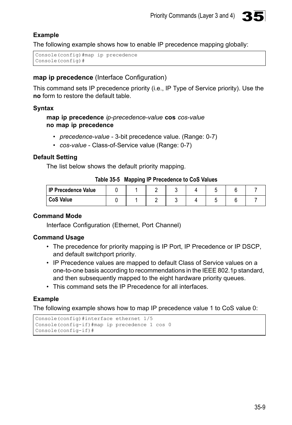 Map ip precedence (interface configuration), Table 35-5, Mapping ip precedence to cos values | LevelOne GTL-2690 User Manual | Page 618 / 789
