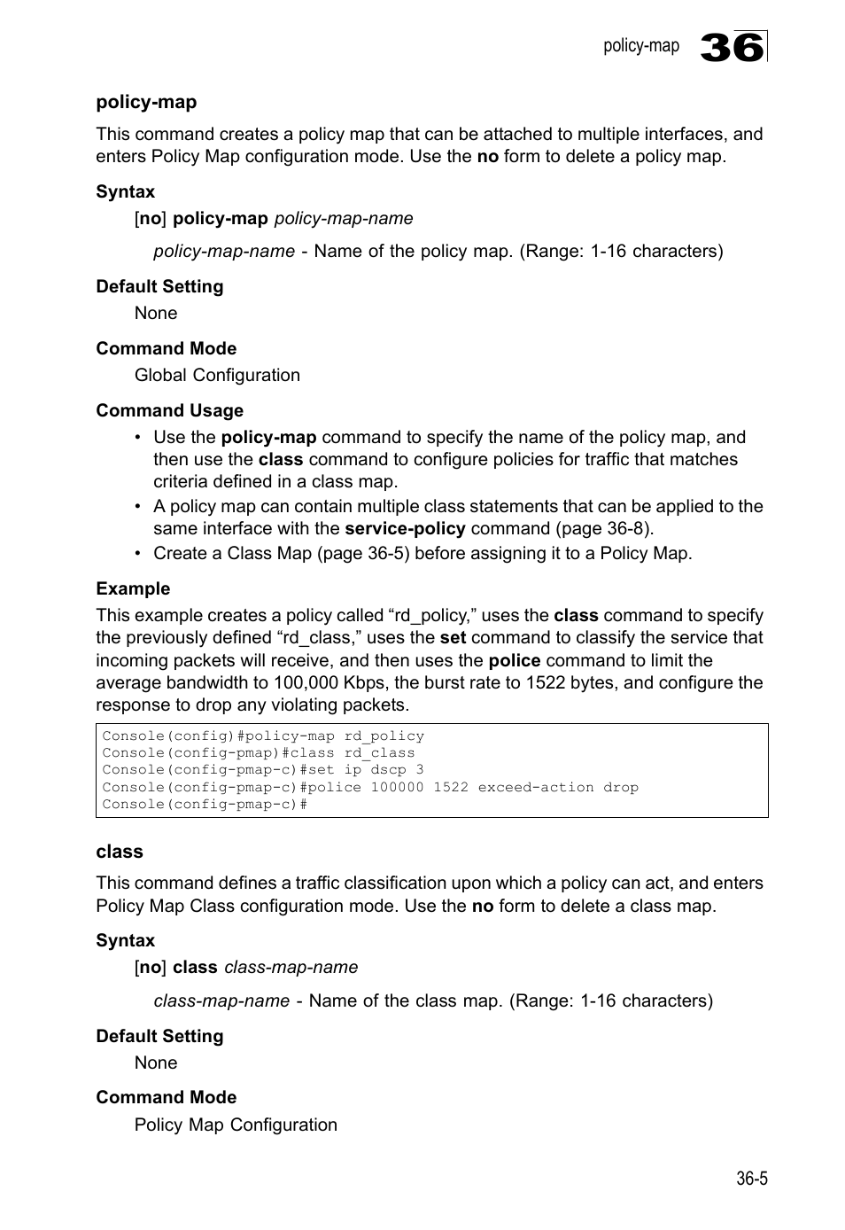 Policy-map, Class, Policy-map 36-5 class 36-5 | LevelOne GTL-2690 User Manual | Page 628 / 789